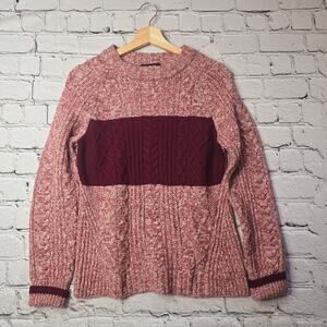 Naadam Merino Wool Cashmere Raspberry Maroon Stripe Crew Neck Knit Sweater‎ Sz M
